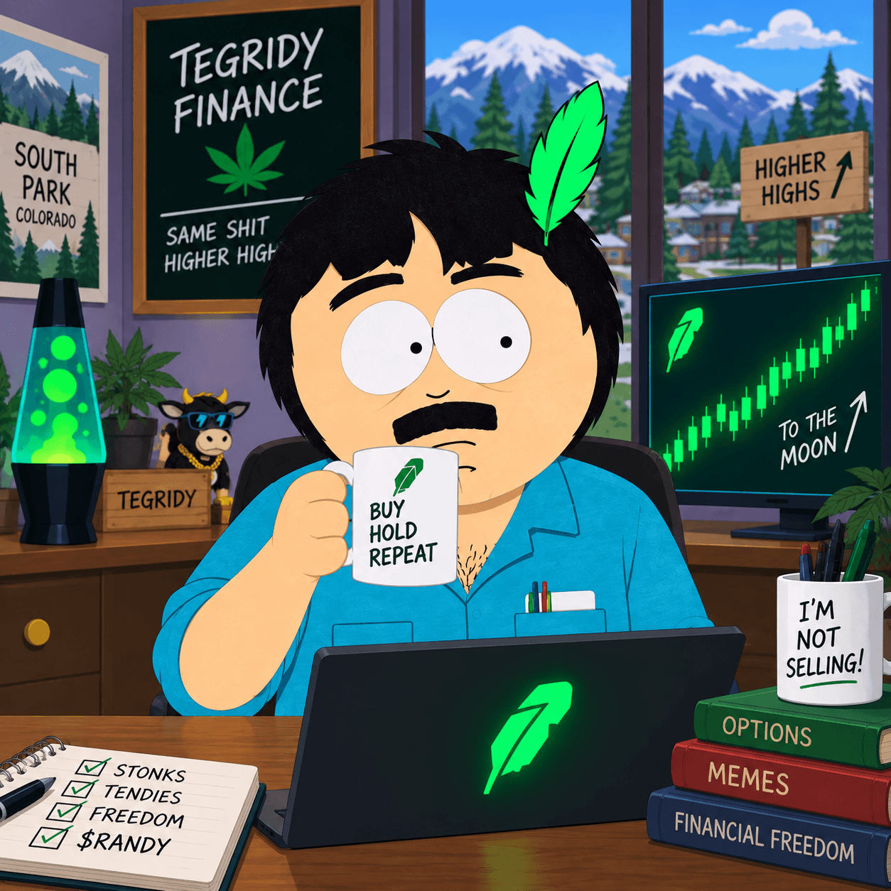 Randy Marsh as a chaotic retail trader wearing a teal collared shirt with a bright green feather in his hair